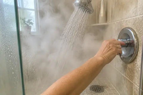 Shower handle turned all the way to hot, steam everywhere