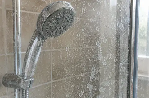 Shower head and glass door covered in white hard-water scale