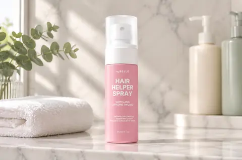 Hair Helper Scalp Spray on a bathroom shelf